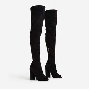 Cindy Thigh High Peep Toe Boots In Black Lycra